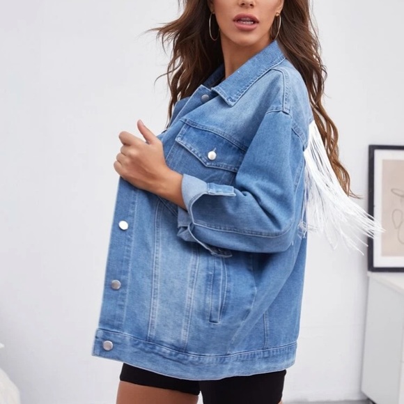 FRINGE DENIM JACKET WITH “STAY AWESOME” - Picture 4 of 5